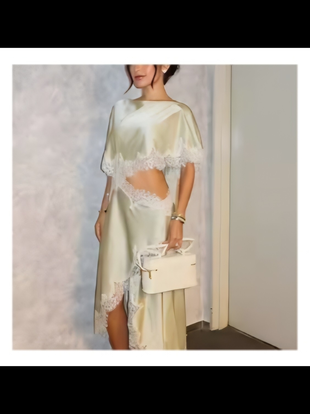 Zara Cream Satin Midi Dress with White Lace Trim
